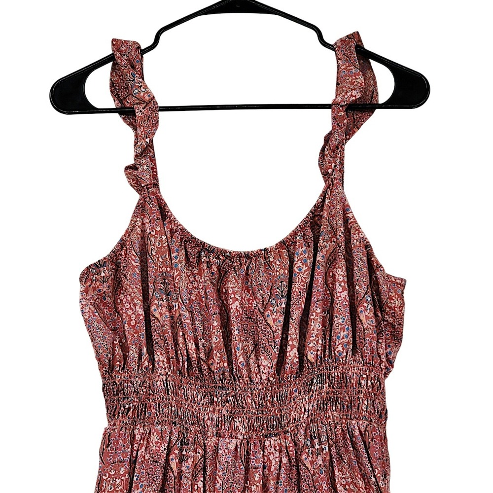 PAIGE Tiered Maxi Dress M Brick Red Multi Floral Smocked Ruffle Festival Prairie - Picture 7 of 13